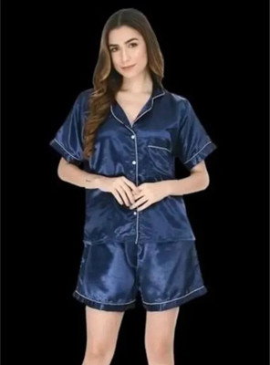 Vd hub Women Solid Dark Blue Night Suit Set