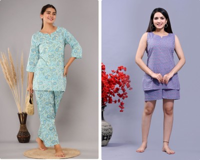 hustle bustle Women Printed Light Blue, Purple Top & Pyjama Set