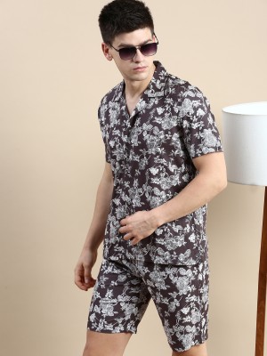 Showoff Men Floral Print Grey, Brown Night Suit Set