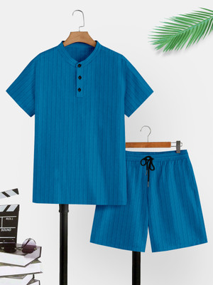 M7 By Metronaut Men Self Design Blue Night Suit Set