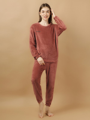 Lugo Women Solid Red Night Suit Set