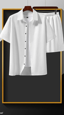 7starenterprise7 Men Solid White Top & Shorts Set
