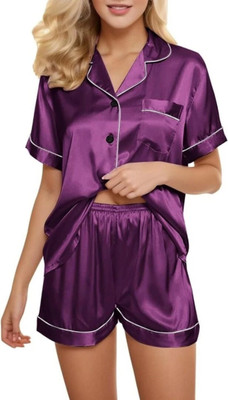 Vd hub Women Solid Purple Night Suit Set