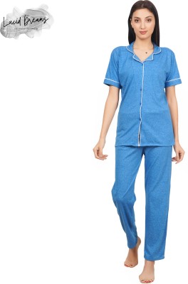 Wako Women Solid Blue Shirt & Pyjama set