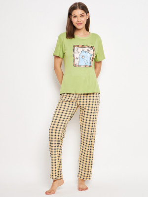 Camey Women Printed Green Top & Pyjama Set