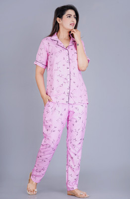 PRADHRUHE Women Printed Purple Shirt & Pyjama set