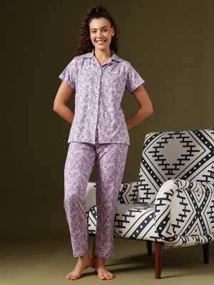 Clovia Women Floral Print Pink Shirt & Pyjama set