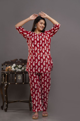 Bella Grace Women Printed Maroon Night Suit Set