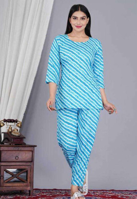 REHAN Women Printed Blue, White Top & Pyjama Set