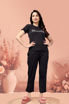 ZEEMBOOLI Women Printed, Solid Black Top & Pyjama Set