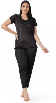 Nightdoll Women Solid Black Top & Pyjama Set