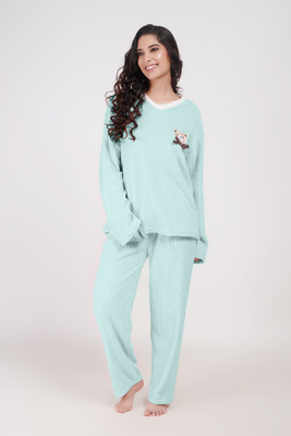 Cut Style Clothing Women Solid Blue Top & Pyjama Set