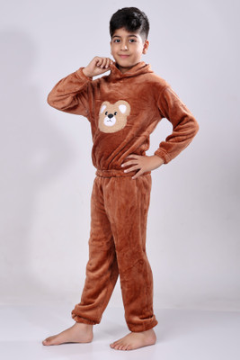 FitIn OutFit Boys Self Design Brown Night Suit Set