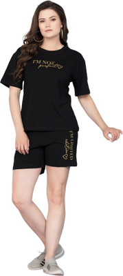 Trylo Women Solid Black Night Suit Set