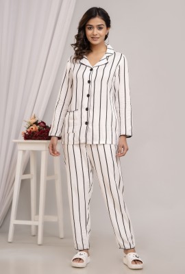 Asami Women Striped White Night Suit Set