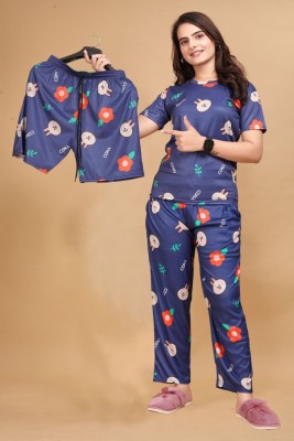 FASHIONGRAB Women Printed Blue Night Suit Set