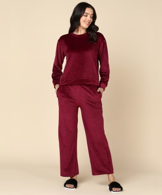 SOLZEIQ Women Solid Maroon Night Suit Set