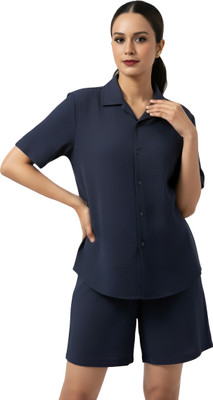Jeny Trends Women Solid Dark Blue Night Suit Set