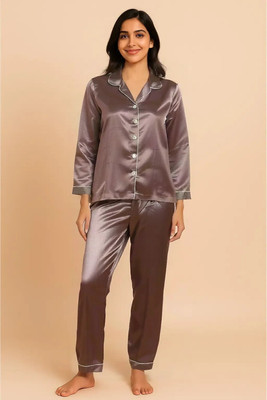 G-KA Women Solid Brown Night Suit Set