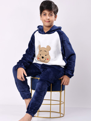 Lugo Boys & Girls Solid Dark Blue, White Night Suit Set