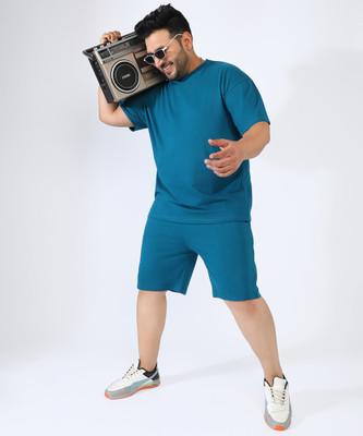 Instafab Plus Men Solid Blue Top & Shorts Set