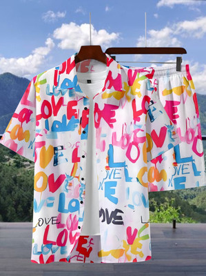 SHIVFORYOU Men Printed Pink Top & Shorts Set