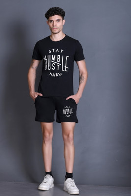 HIMYUG Men Self Design Black Top & Shorts Set