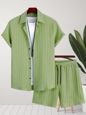 GLORI STAR Men Striped Light Green Night Suit Set