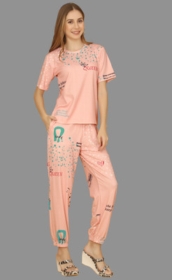 BelleBird Women Printed Pink Top & Pyjama Set