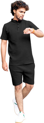 SANTENTERPRISE Men Self Design Black Night Suit Set