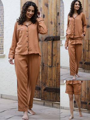 Sanskrutihomes Women Solid Brown Night Suit Set