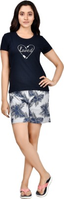 Club A9 Women Printed Dark Blue, Grey Top & Shorts Set