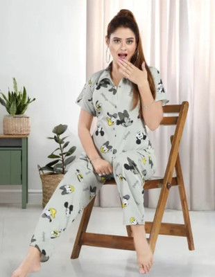 Qunity Women Printed Grey Night Suit Set