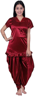mysie Women Solid Maroon Night Suit Set