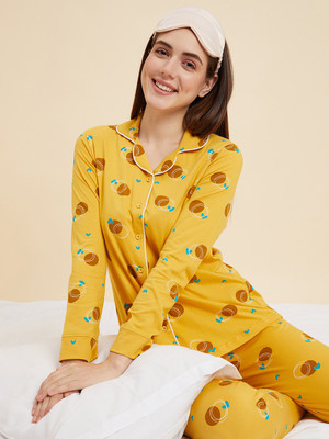 SWEET DREAMS Women Printed Yellow Shirt & Pyjama set