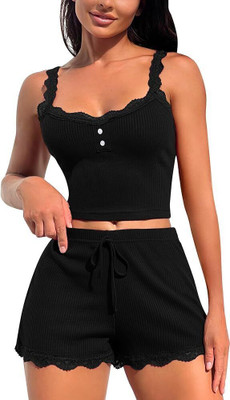V SNAZHUB Women Solid Black Top & Shorts Set
