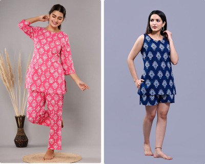 Krati Creatioms Women Floral Print Pink Night Suit Set