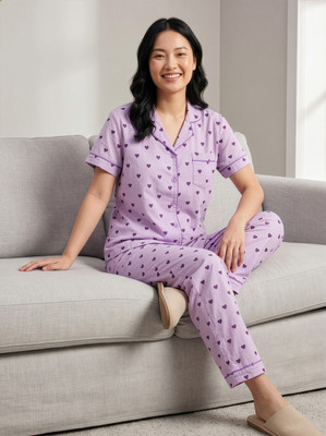Lugo Women Printed Purple Night Suit Set
