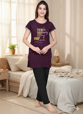 NATRIS Women Printed Purple, Black Top & Pyjama Set