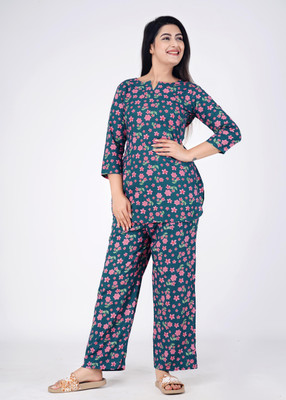 PRADHRUHE Women Printed Blue Top & Pyjama Set