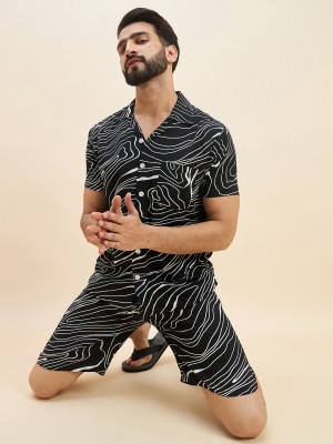 SWEET DREAMS Men Printed Black Top & Shorts Set