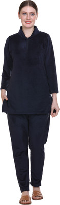 URBE Women Solid Dark Blue Top & Pyjama Set