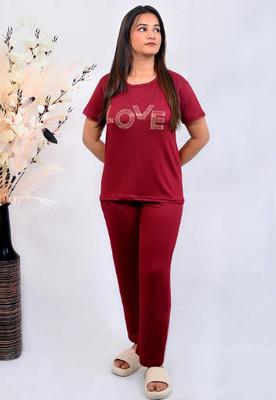 brozzo Women Solid Red Night Suit Set