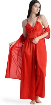 Cotovia Women Solid Red Night Suit Set