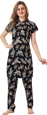 Lovira Women Floral Print Black Night Suit Set