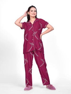 jashprint Women Printed Purple Shirt & Pyjama set