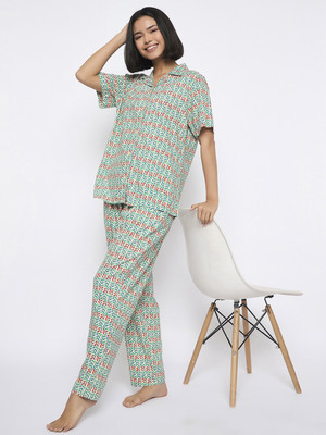 Clovia Women Geometric Print White Top & Pyjama Set