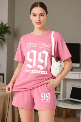 Elvia Women Printed Pink Top & Shorts Set