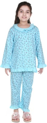 MMShopy Baby Girls Printed Purple, Light Blue Top & Pyjama Set