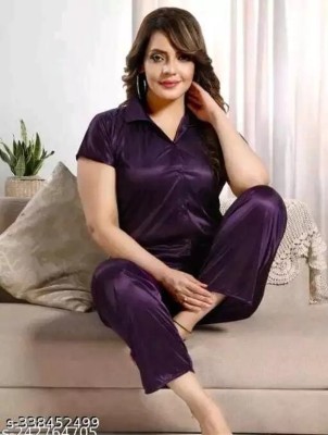 MC Fashion Women Solid Purple Night Suit Set